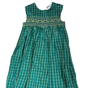 Orient Express Girls Green Check Sundress Sz 8 Smocked Geometric Gold VGC.